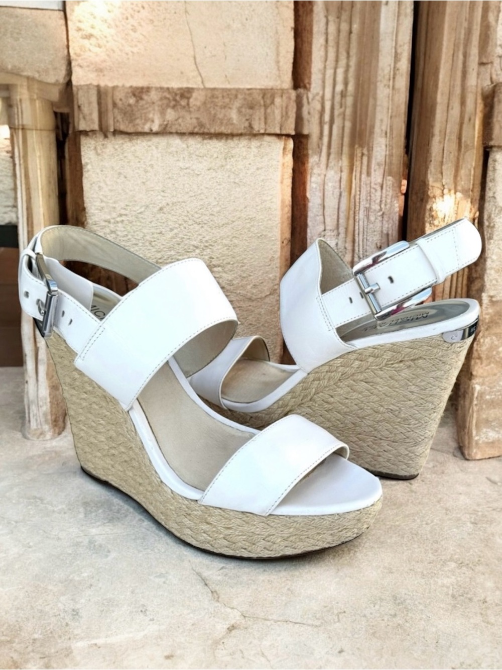 Michael Kors White Leather Strappy Wedge Espadrille Sandals